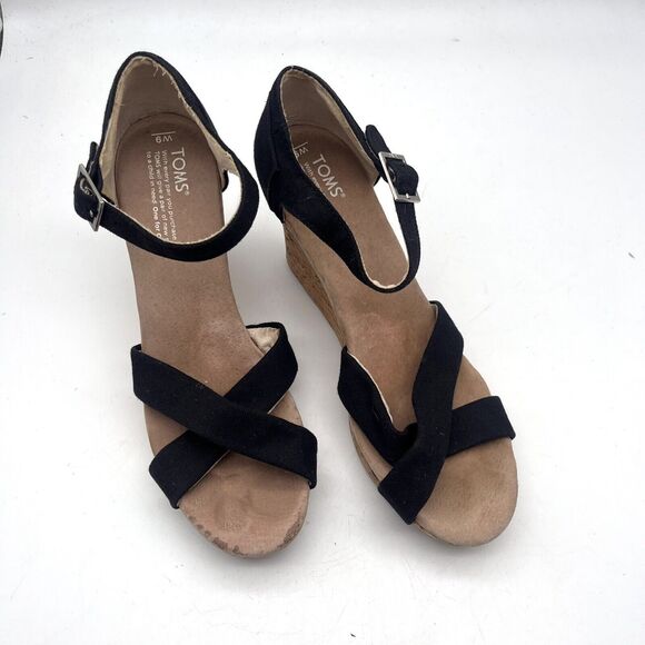 Toms Black Ankle Strappy Cork Wedge Platform Heels Sandals size 9 - Picture 1 of 6